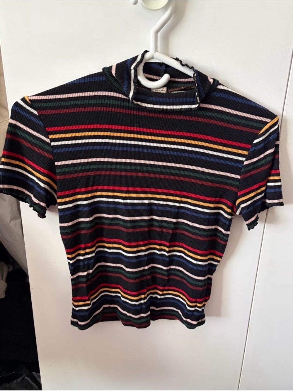 Multicolor Striped Short Sleeve Mock Neck Top
